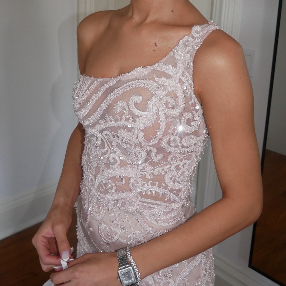 One-Shoulder Embellished Dress in Blush Pink
